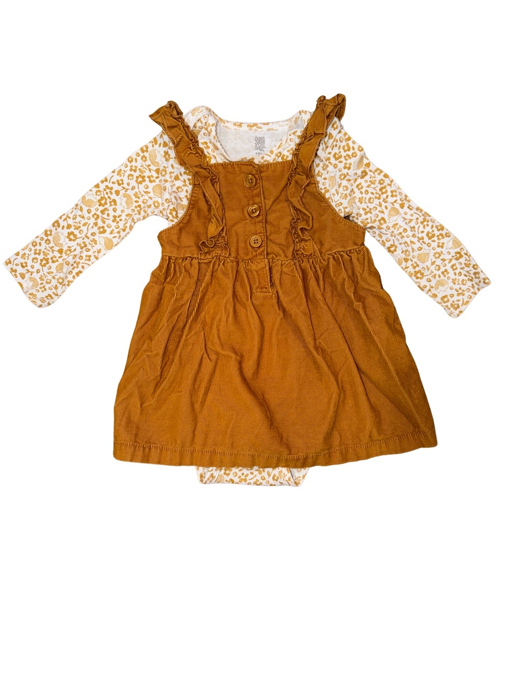Kids Rust Brown Ruffle Pinafore Dress with Floral Bodysuit